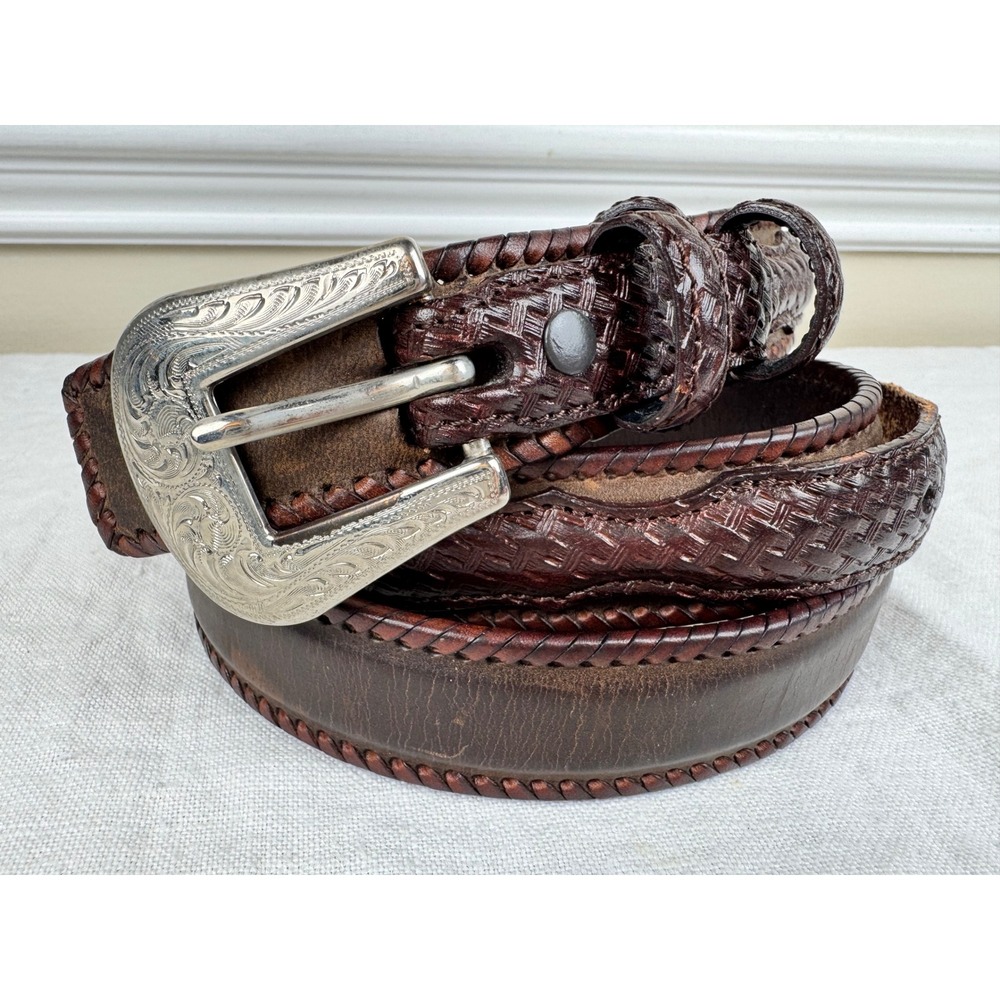 Resistol Mens Vintage 1994 Brown Leather Basketweave Western Belt 36 Engraved